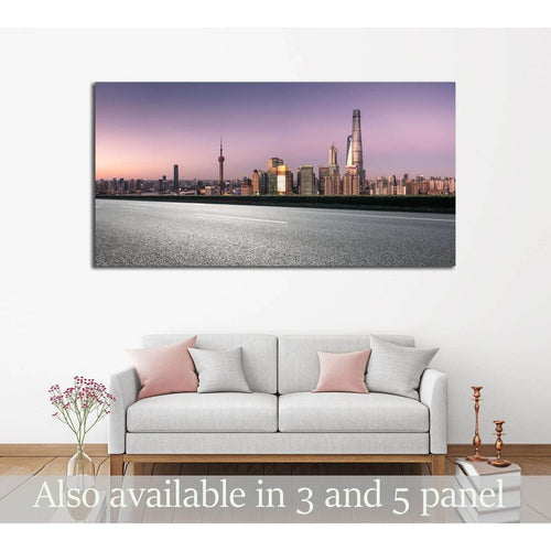 city road with cityscape and skyline of shanghai at night №2976 Ready to Hang Canvas Print