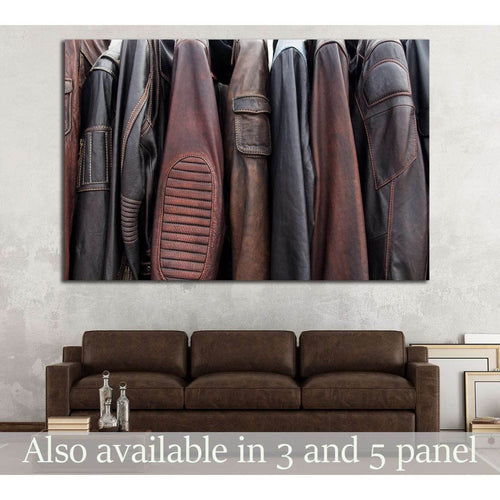 Collection of leather jackets on hangers №1880 Ready to Hang Canvas Print