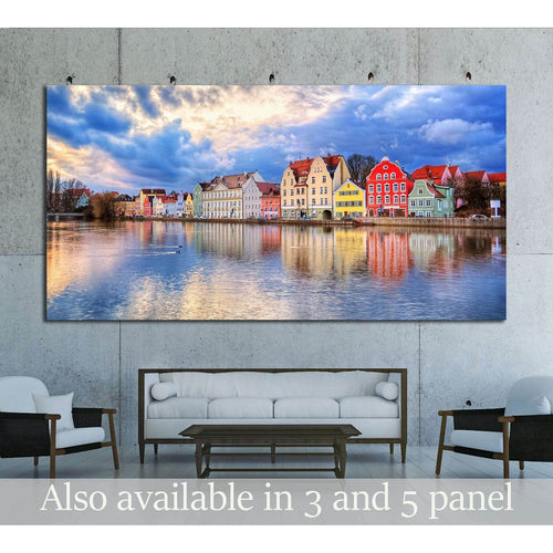 Colorful historical houses on Isar river in an old gothic town Landshut by Munich, Germany №3033 Ready to Hang Canvas Print