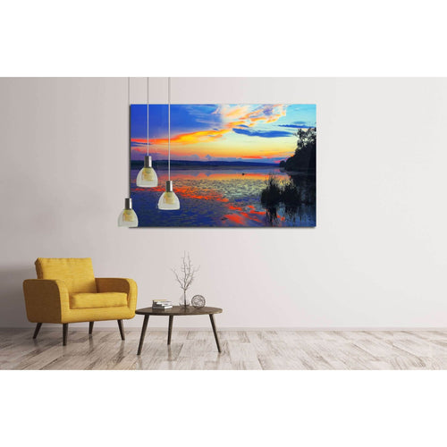 Dramatic sunset over the lake.Water lilies on the lake. Twilight. Mirror reflection in water №3111 Ready to Hang Canvas Print