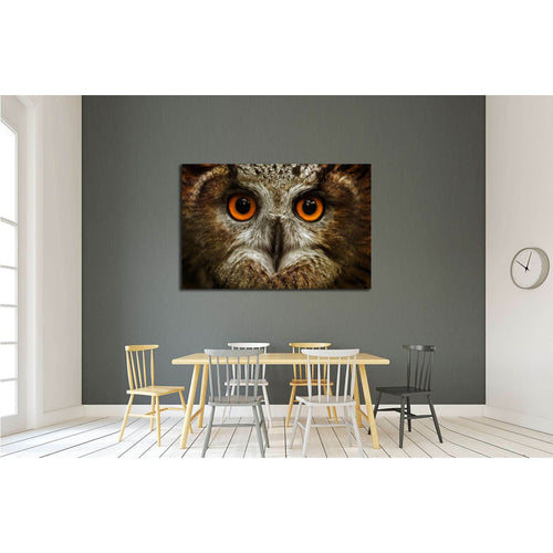 European eagle owl. Eurasian eagle owl. Close-up face. Big eyes. wisdom. The evil eye. (Owl, Bubo bubo) №2374 Ready to Hang Canvas Print