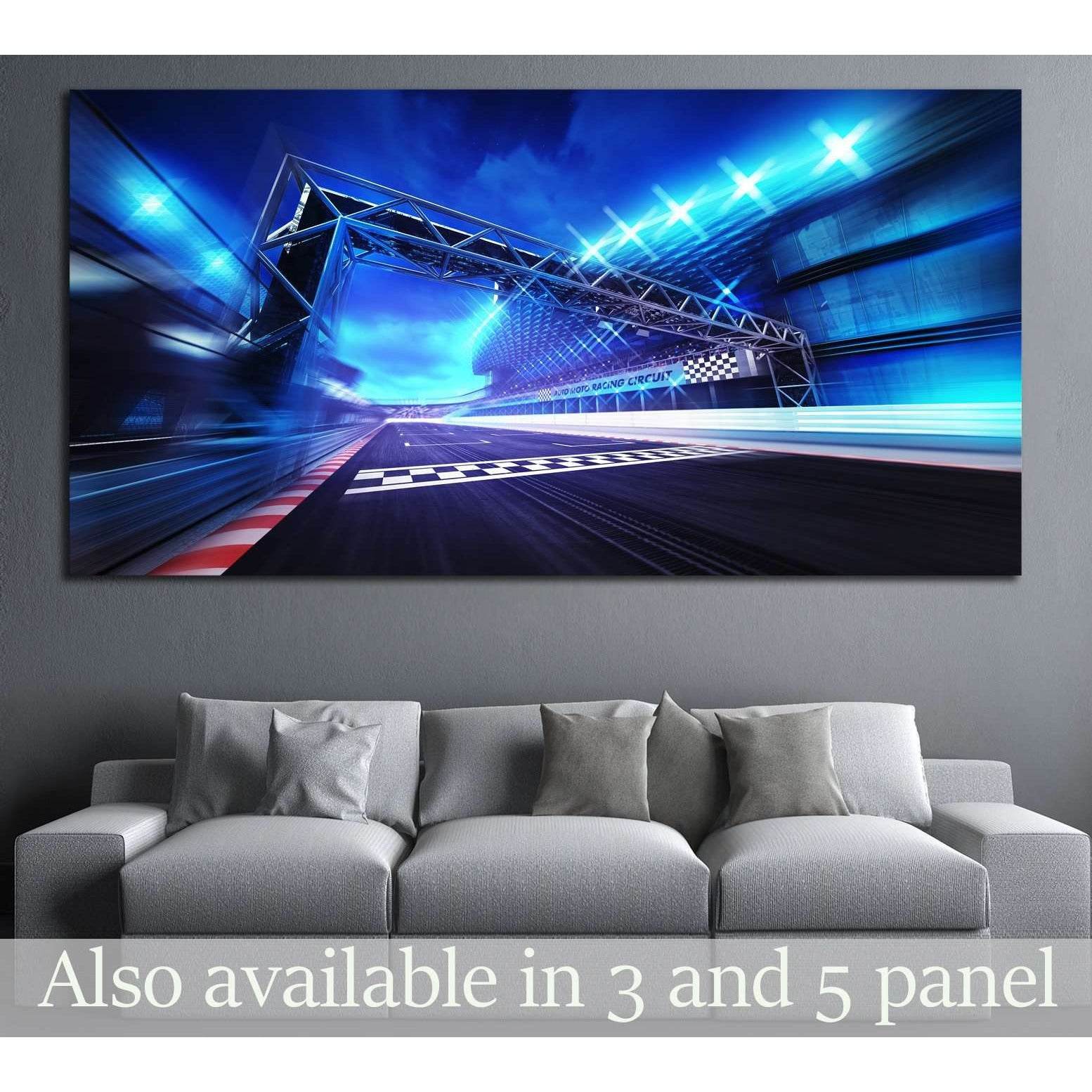 Photo & Art Print finish line on the racetrack with spotlights in motion  blur