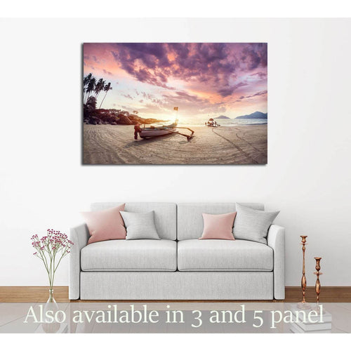 Fisherman boat on the tropical beach at sunset of Dreamy Palolem beach in Goa, India №3110 Ready to Hang Canvas Print