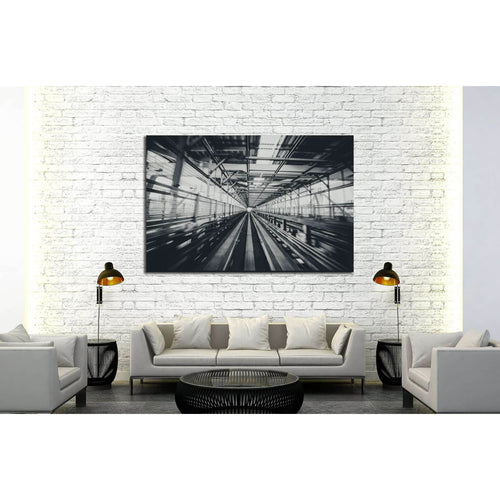 Front view of train moving in city rail tunnel with moderate motion blur in black and white filter №2874 Ready to Hang Canvas Print