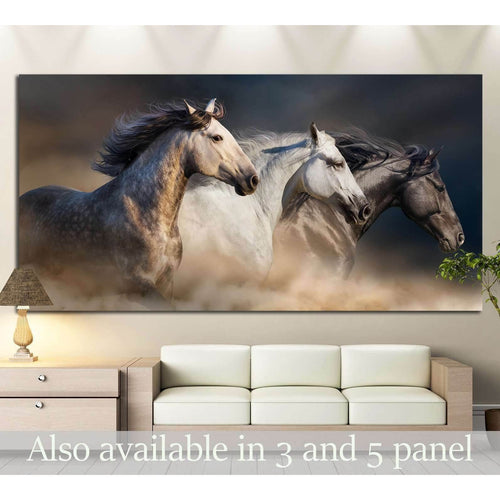 Horses with long mane portrait run gallop in desert dust №1326 Ready to Hang Canvas Print