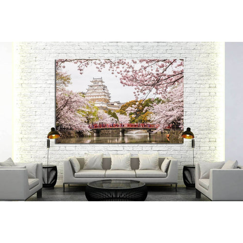 Japan Himeji castle, White Heron Castle, sakura cherry blossom season №1808 Ready to Hang Canvas Print