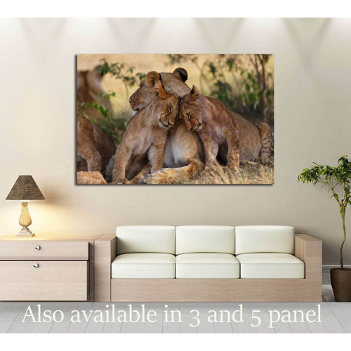 Lion cubs cuddle with mother after a good breakfast in Masai Mara, Kenya №2796 Ready to Hang Canvas Print