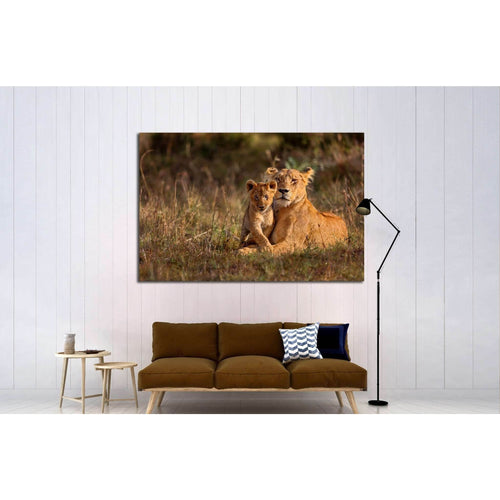 Lion mother of Notches Rongai Pride with cub in Masai Mara, Kenya №1850 Ready to Hang Canvas Print