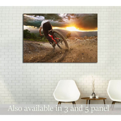 Man on mountain bike rides on the trail on a stormy sunset №3252 Ready to Hang Canvas Print