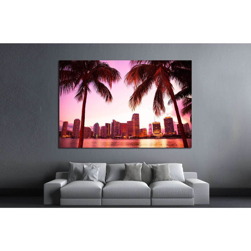 Miami Florida skyline and two palm trees №1266 Ready to Hang Canvas Print