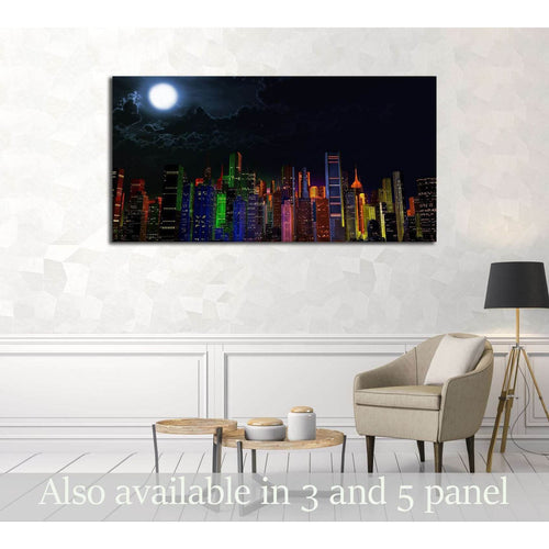 Modern City Lit by Colorful Light Effects at Night 3D Illustration №2994 Ready to Hang Canvas Print