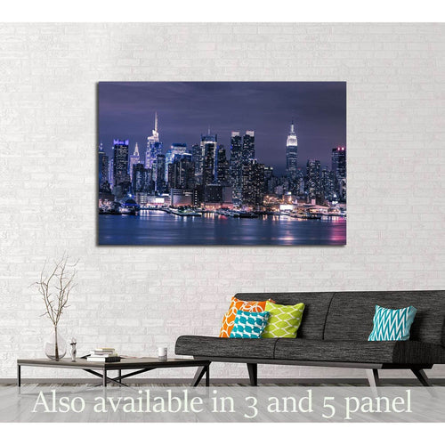 New York City Manhattan skyline panorama at night over Hudson River №2622 Ready to Hang Canvas Print