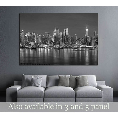 New York City with skyscrapers illuminated over Hudson River panorama in black and white №2660 Ready to Hang Canvas Print