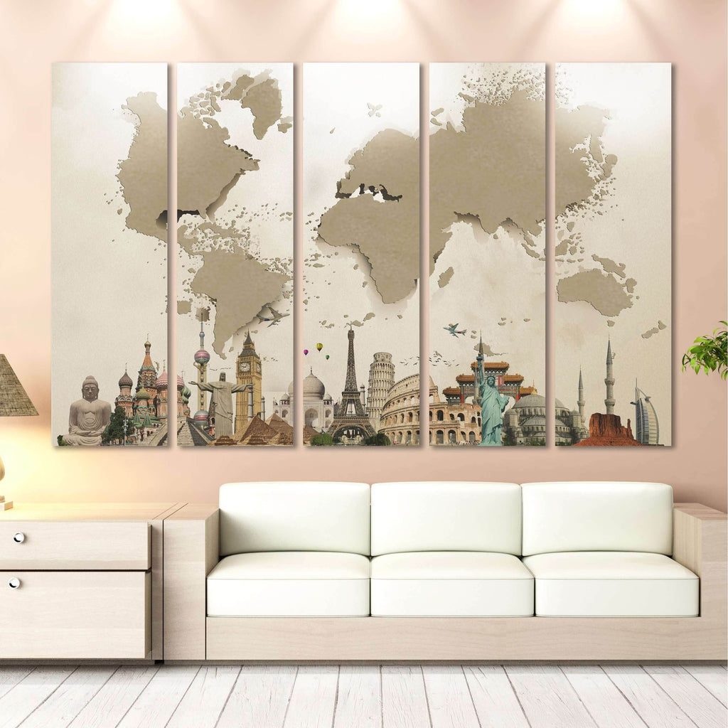 Modern 3D Effect Beige World Map Canvas Print – Zellart Canvas Prints