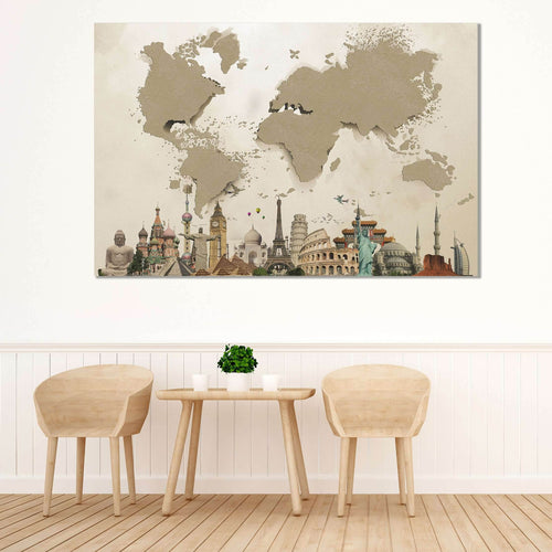 Beige 3D Effect World Map Ready to Hang Canvas Print №702