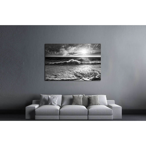 Ocean waves with a sunburst and lens flare on a windy day in black and white. №2925 Ready to Hang Canvas Print