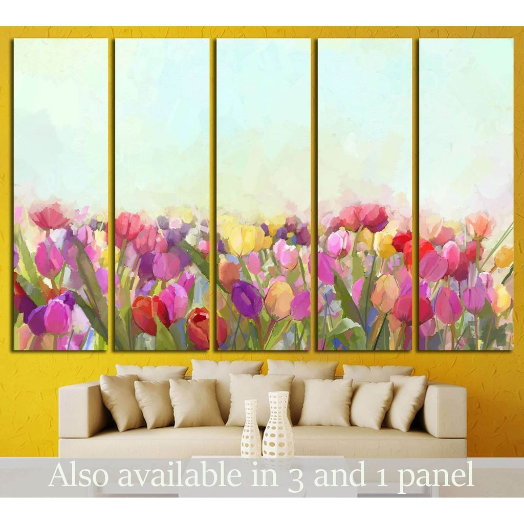 Oil painting yellow, pink and red Tulips flowers №1346 Ready to Hang C