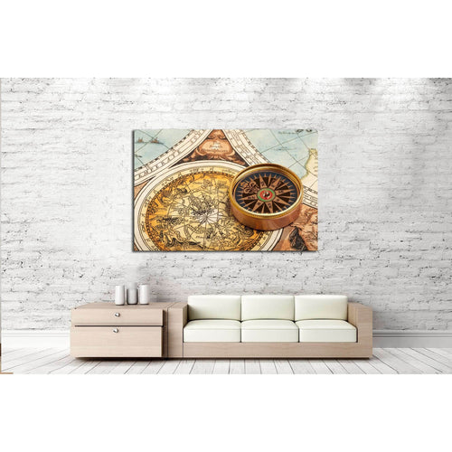 Old compass on vintage retro map №2815 Ready to Hang Canvas Print