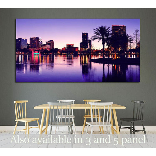 Orlando downtown skyline panorama silhouette over Lake Eola at dusk with urban skyscrapers №1675 Ready to Hang Canvas Print