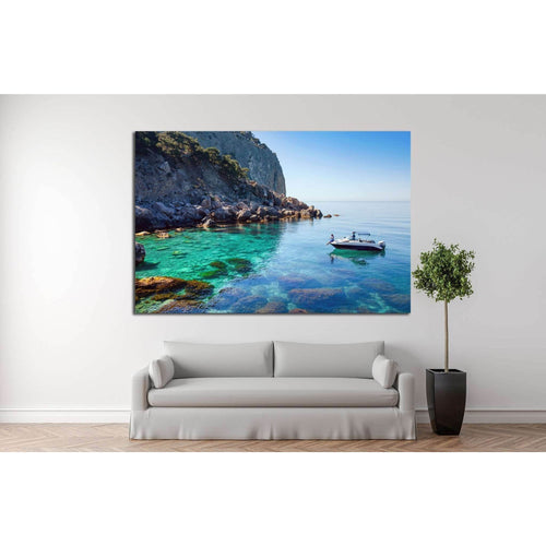 Recreation on the boat near the shore of a beautiful mountain №1409 Ready to Hang Canvas Print