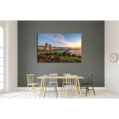 Santa Cruz cityscape view on residential buildings and offices with park and mountains on the sunrise, Canary islands, Spain №2306 Ready to Hang Canvas Print