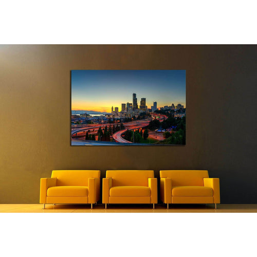 Seattle skylines and highway traffic motion in the sunset. The view from Rizal Park in Seattle, Washington, US №2180 Ready to Hang Canvas Print