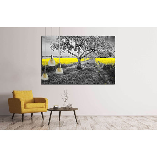 Shining yellow oilseed rape fields in a black and white landscape №2684 Ready to Hang Canvas Print