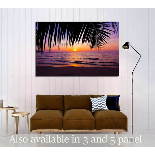 sunset landscape. beach sunset. palm trees silhouette on sunset tropical beach №3215 Ready to Hang Canvas Print