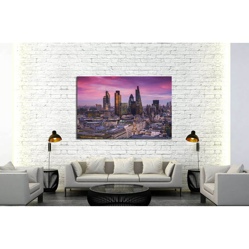 sunset with office buildings and beautiful purple sky - England, UK №3007 Ready to Hang Canvas Print