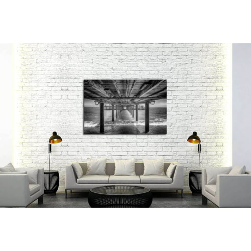 The underside of a pier with rest area on the end of it, black and white №2935 Ready to Hang Canvas Print