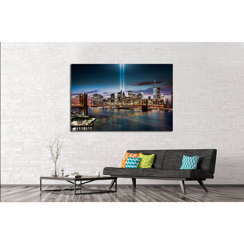 Tribute in Light memorial, Brooklyn Bridge and the Lower Manhattan skyline at dusk №2655 Ready to Hang Canvas Print