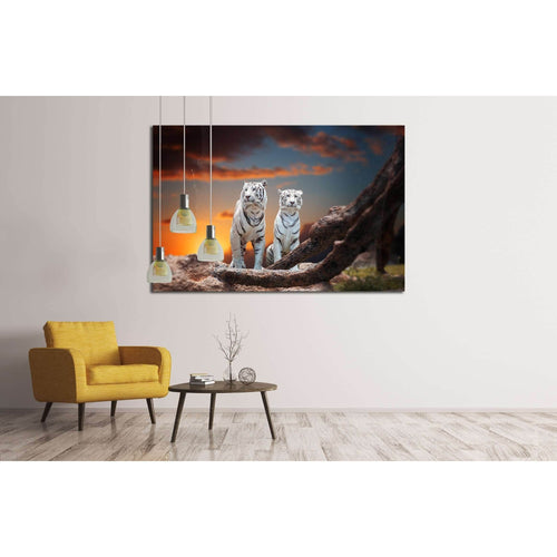 two white tiger sitting on a rock and watching the sunset №2362 Ready to Hang Canvas Print