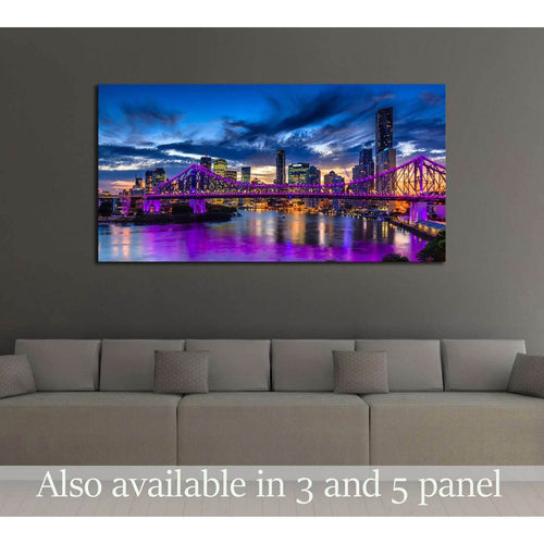 Vibrant night time panorama of Brisbane city with purple lights on Story Bridge, Australia №2391 Ready to Hang Canvas Print