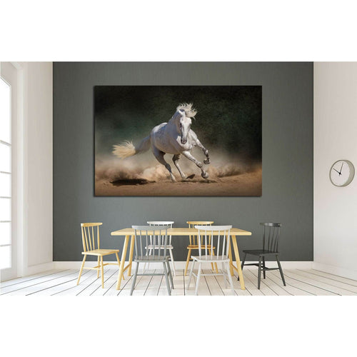 White andalusian horse in desert dust against dark background №1855 Ready to Hang Canvas Print