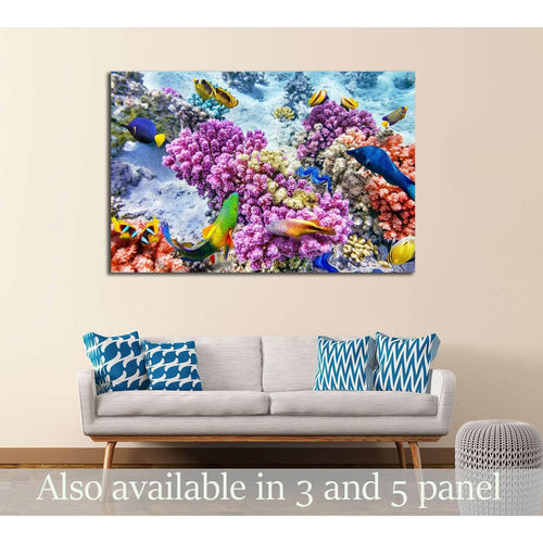 Wonderful and beautiful underwater world with corals and tropical fish №3065 Ready to Hang Canvas Print