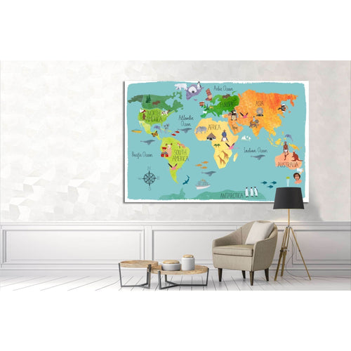 World map for kids room decor№33 Ready to Hang Canvas Print