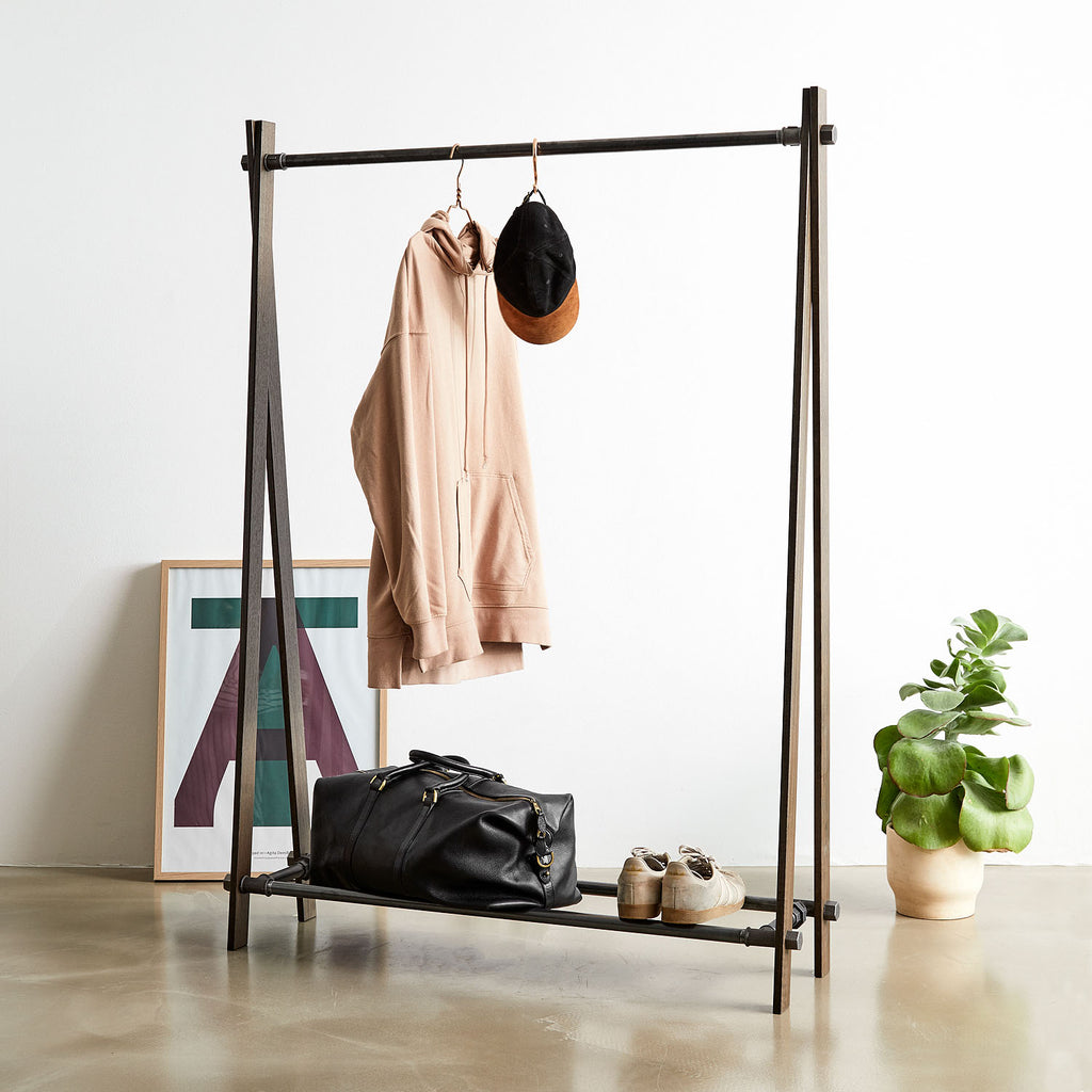 RackBuddy Nordic collection Tor - free-standing rack in dark iron with smoke oak