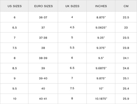 SUSI size chart