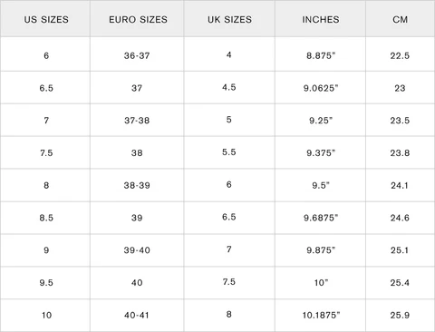 SUSI size chart