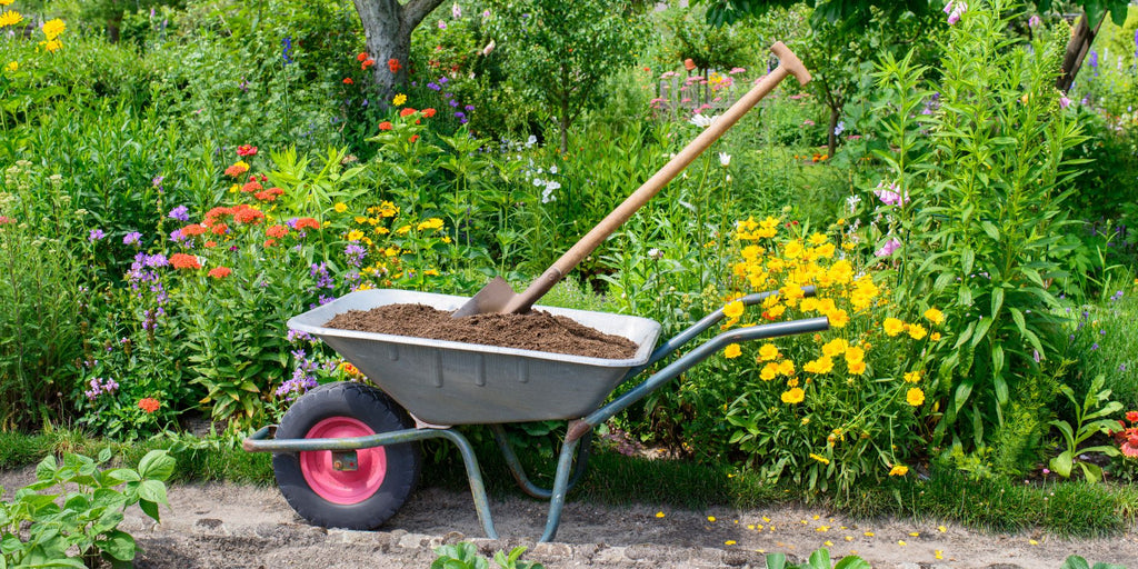 MABLE Compost Blog Post, wheel barrow with compost and a shovel in a garden setting