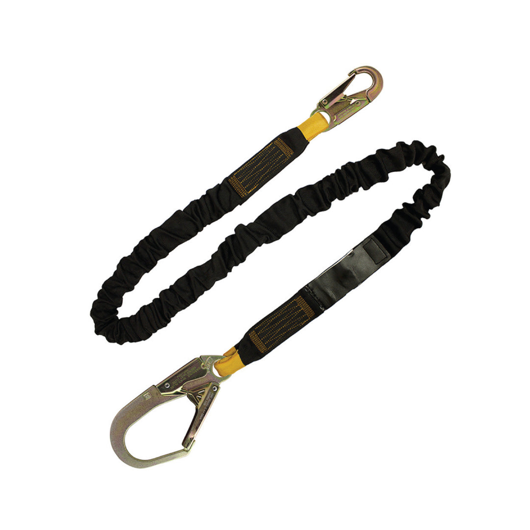 Protecta fall protection lanyard with large scaffold and small snap hooks,  E4 or E6 shock pack. CSA approved.