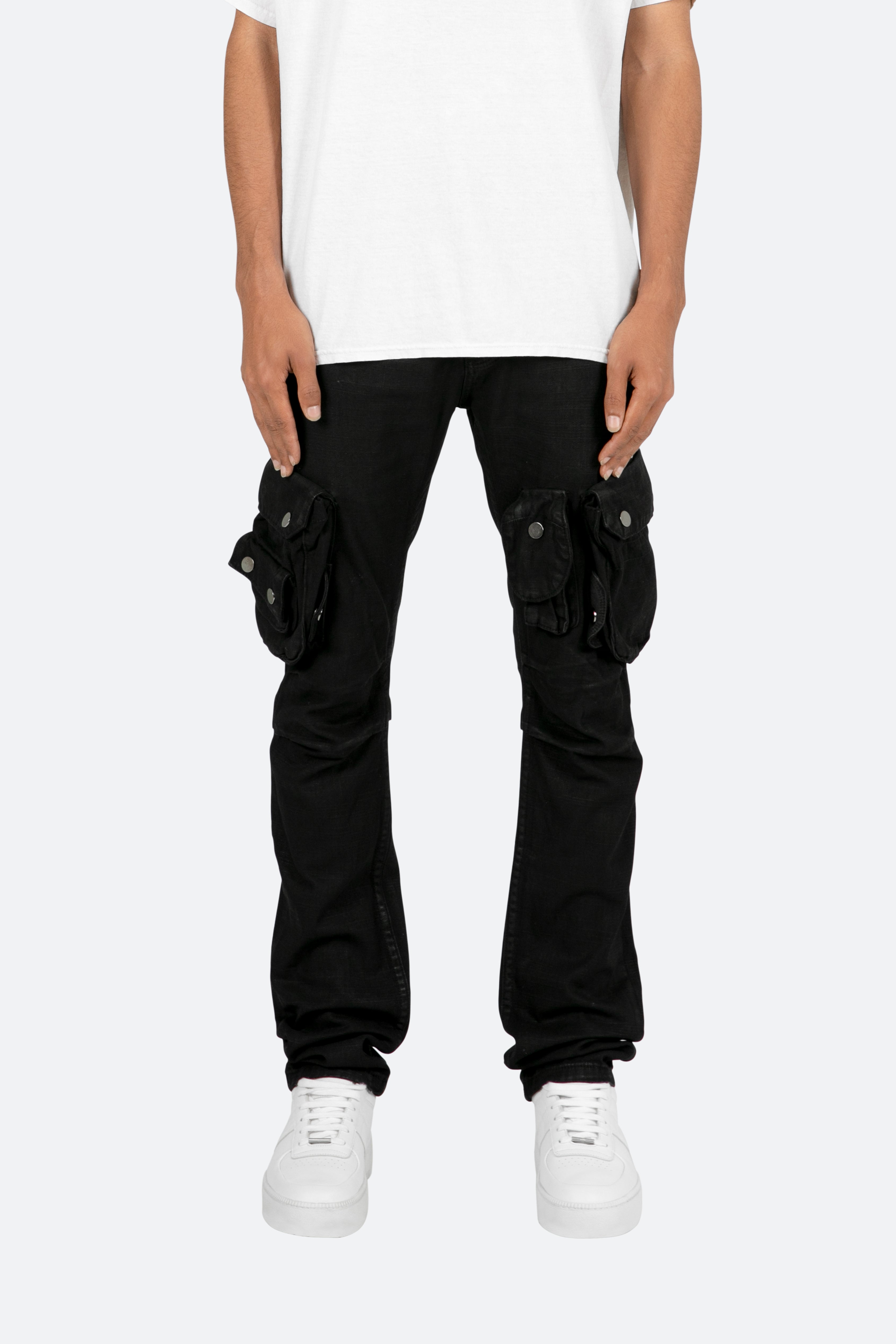 B449 Leather Cargo Flare Denim - Black | mnml | shop now