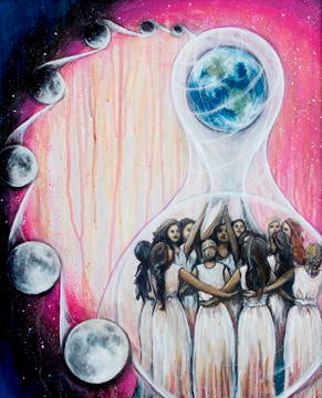 Carrie Martinez Art Sisters in pink holding the earth with the moon cycling the sky