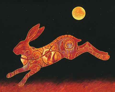 Hare jumping with Full Moon in sky above it