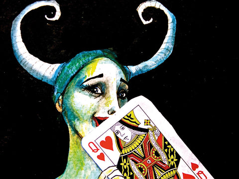 Wild Card © Jakki Moore 2013 Tarot card art Jester holding queen of hearts