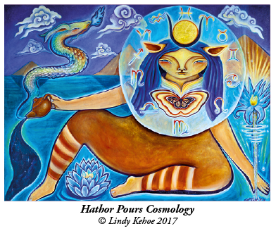 Hathor Pours Cosmology © Lindy Kehoe 2017 image of Hathor pouring a cup of tea art