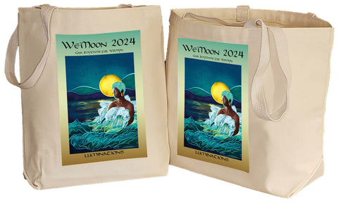 We'Moon Organis Cotton tote-Comes in 2 sizes-We'Moon 2024: Luminations datebook cover printed on the side with art by Destiney Powell.