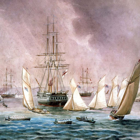 Detail of painting by Frederick Garling. Shows merchant, naval and recreational ships welcoming royal ships Galatea and Challenger in Sydney Harbour