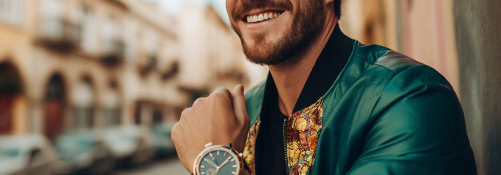 man happy wearing a gold watch