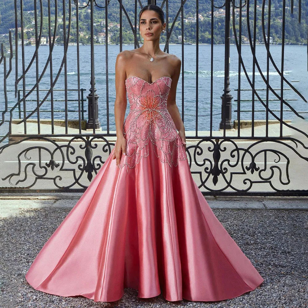 Serene Hill Dubai Arabia Peach A Line Satin Luxury Beaded Evening Dresses Gowns For Women Wedding Party 2025 LA72195